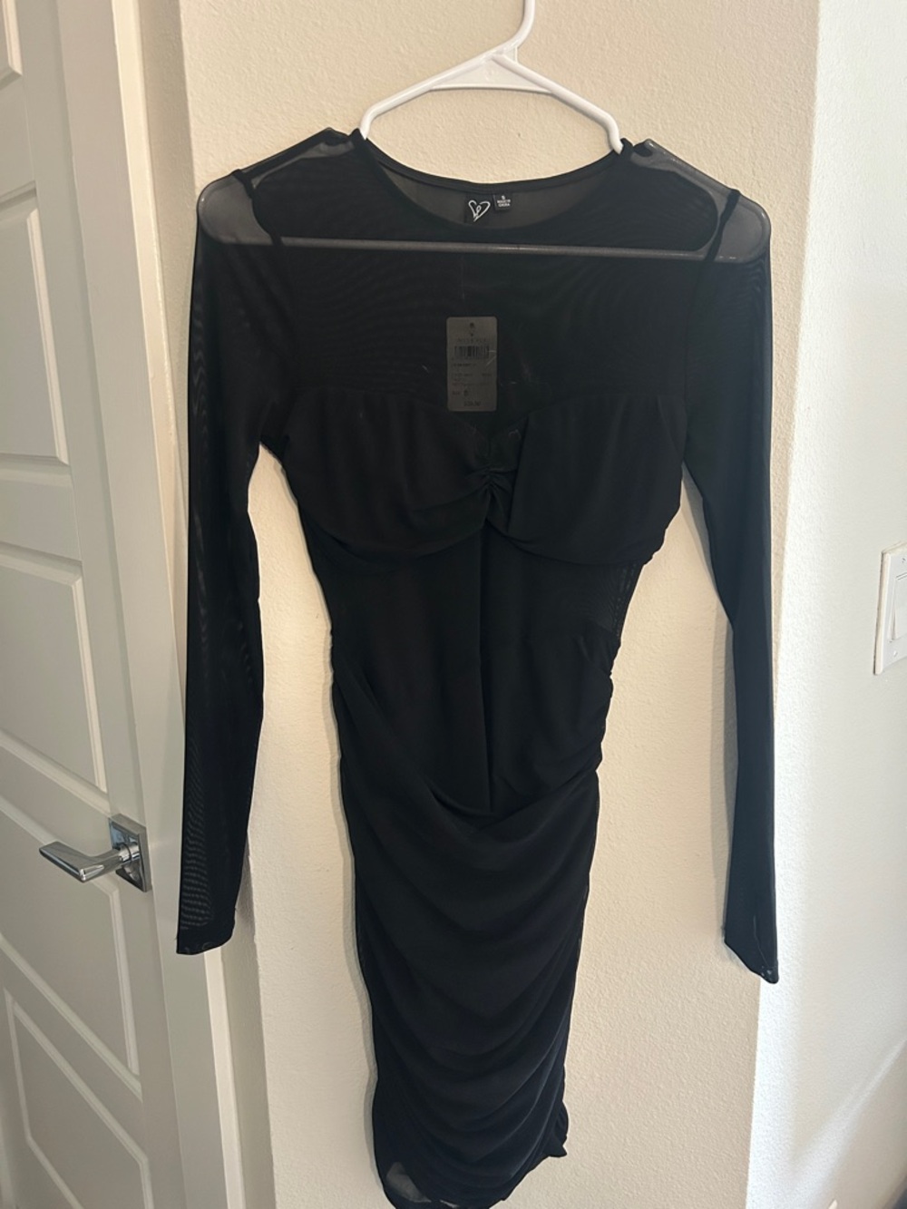 Windsor Black Long-Sleeve Mesh Ruched Mini Dress